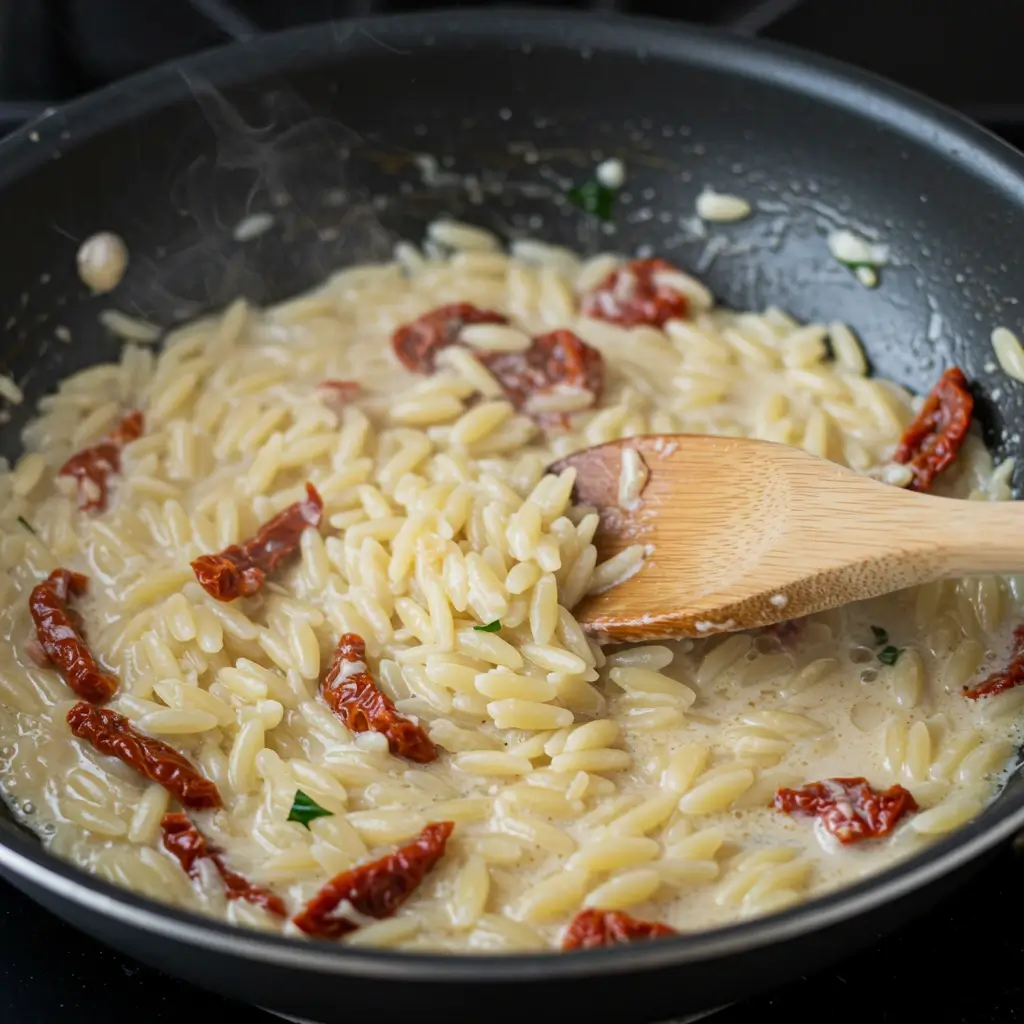 Simmering orzo and cream in marry me chicken recipe