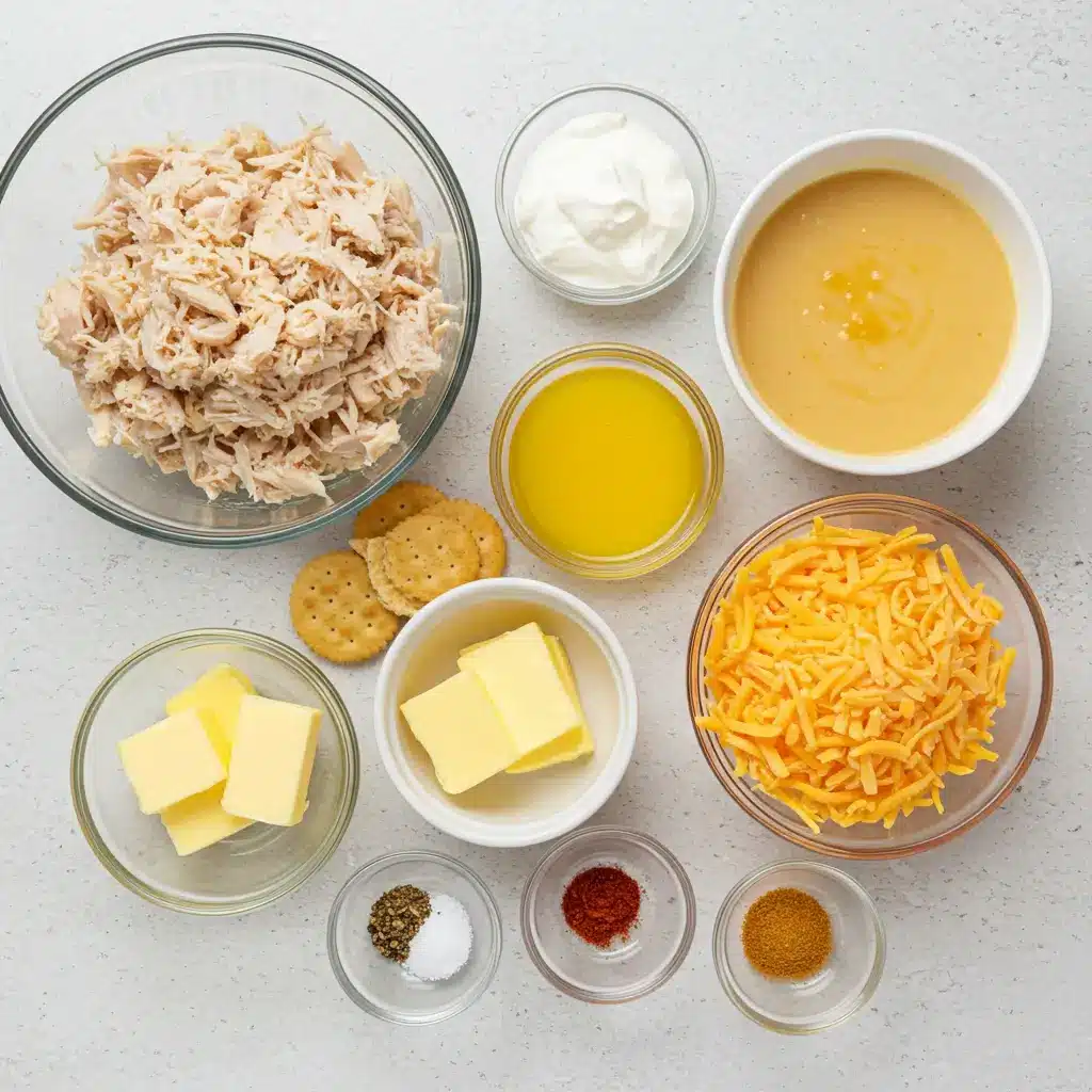 Ingredients for ritz cracker chicken casserole recipe with cheese and crackers