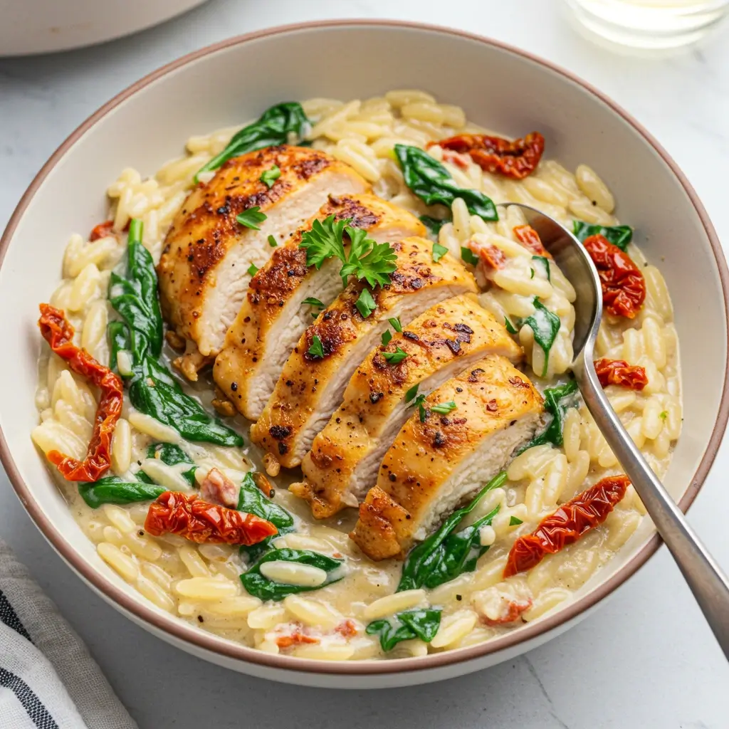 One pan chicken orzo served with herbs