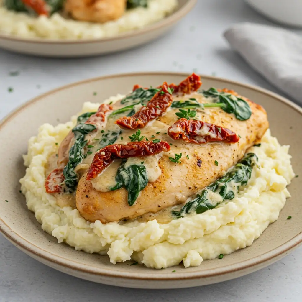 Served marry me chicken with spinach on mashed potatoes