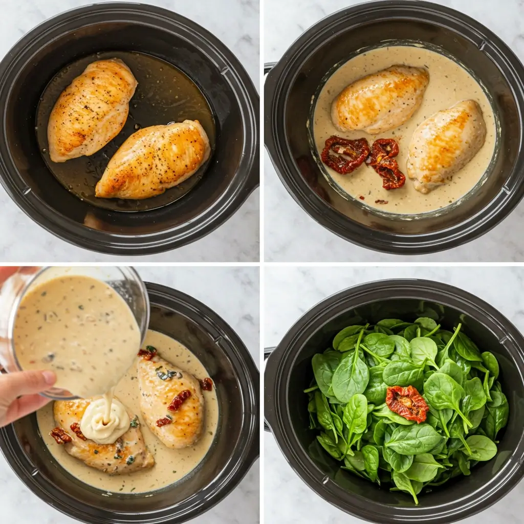 Crockpot steps for making marry me chicken with spinach