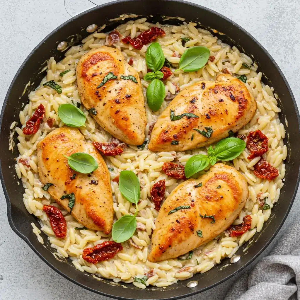 One pan marry me chicken orzo in skillet with basil