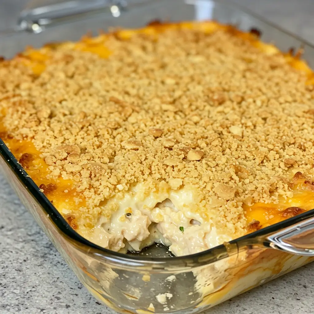 Ritz cracker chicken casserole recipe fresh from oven with golden buttery topping