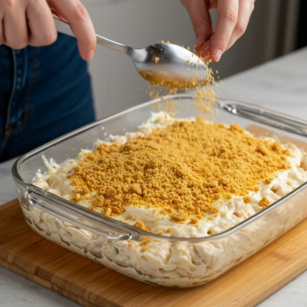 Step-by-step ritz cracker chicken casserole recipe in process