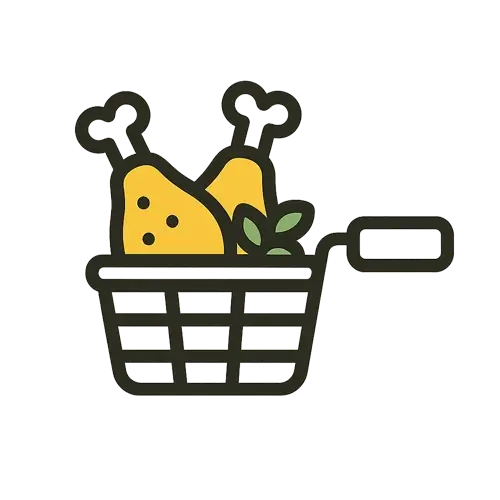 Fried chicken recipes icon – fryer basket with crispy chicken legs illustration