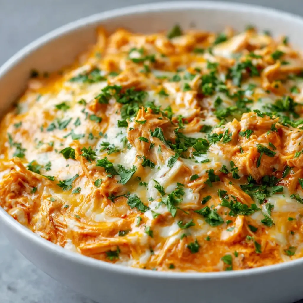 Buffalo chicken dip served in white bowl