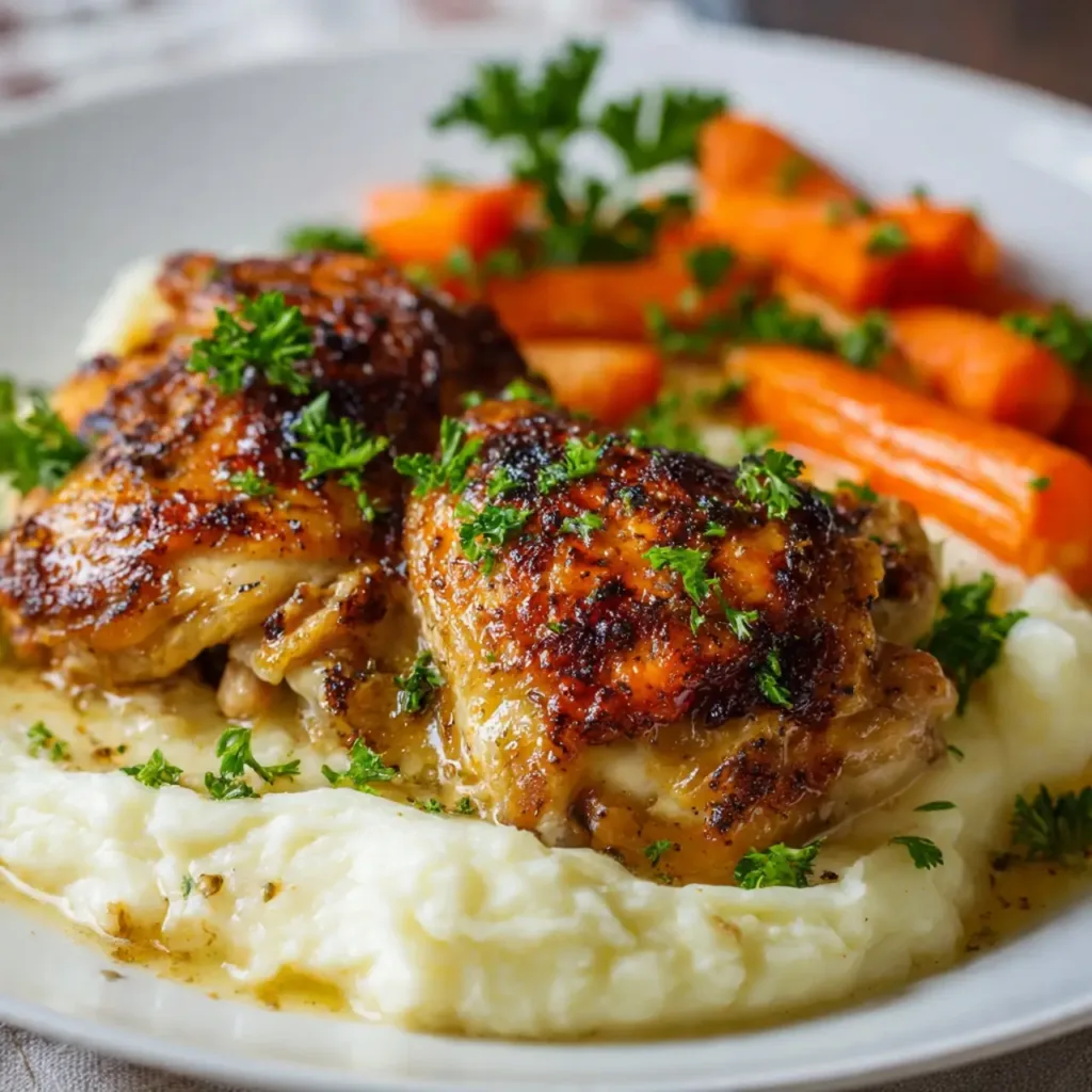Chicken thighs served with potatoes and carrots