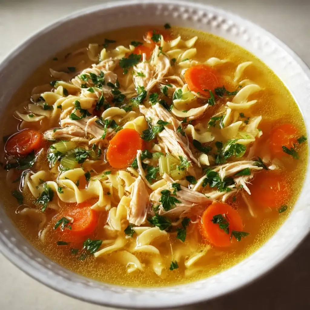 Served Chicken Noodle Soup in White Bowl