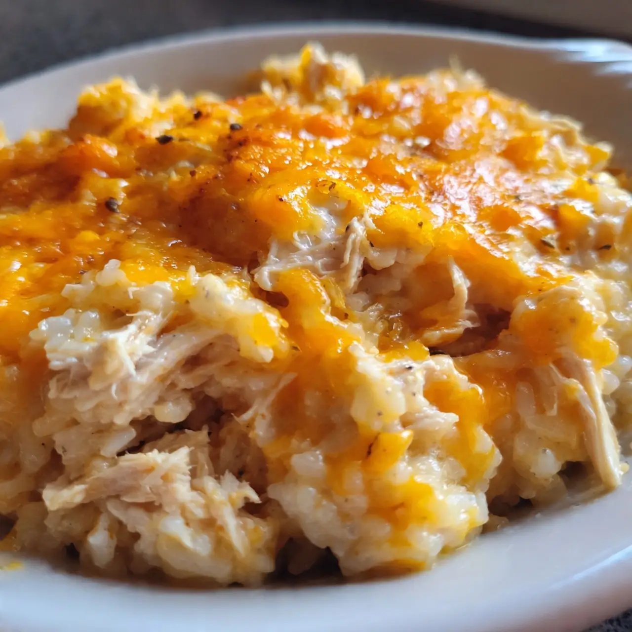 Classic Chicken and Rice Casserole with Cheesy Topping serving