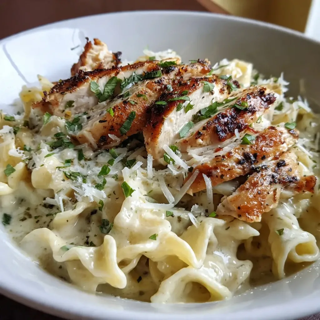 Creamy Basil Alfredo Chicken Pasta Serving
