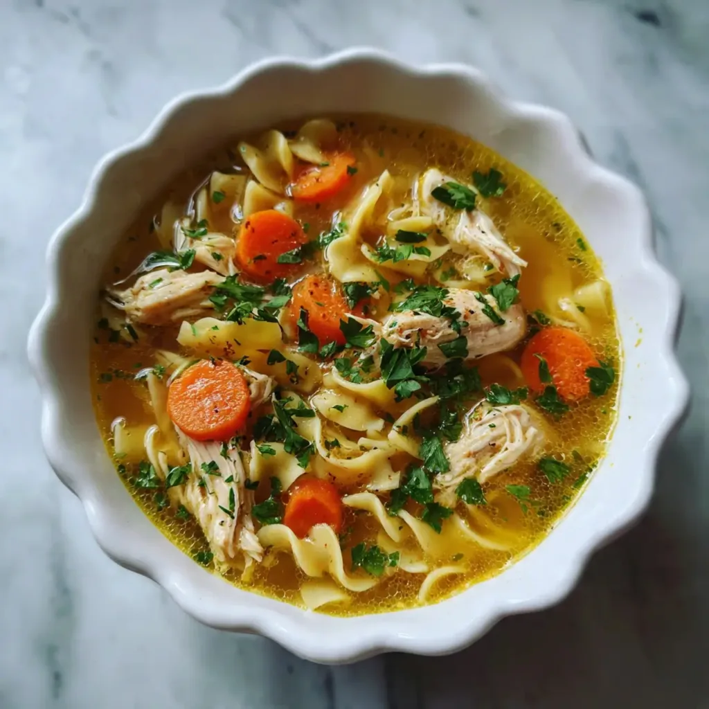 Served chicken noodle soup