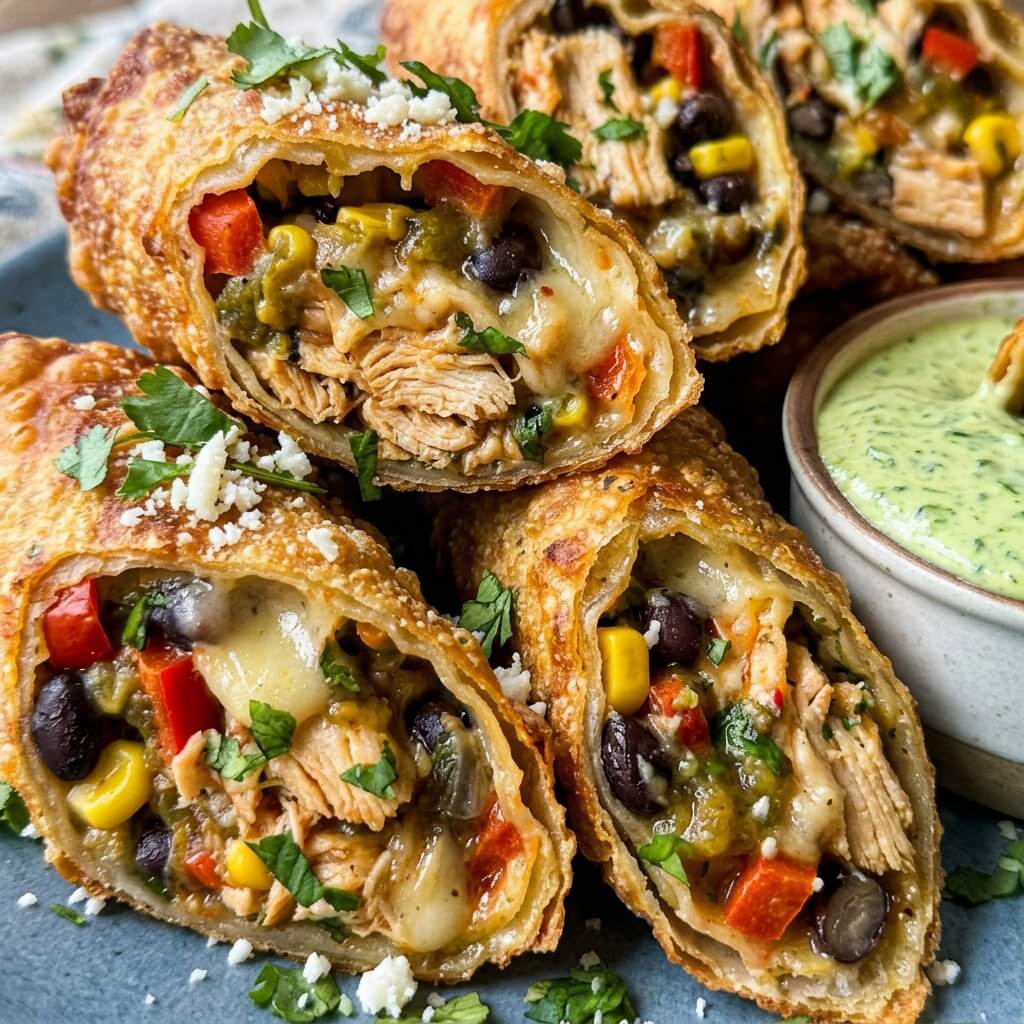 Southwest Chicken Egg Rolls with Avocado Ranch serving