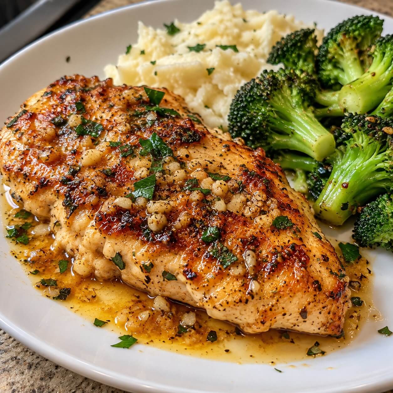 30-Minute Skillet Garlic Chicken Breasts served