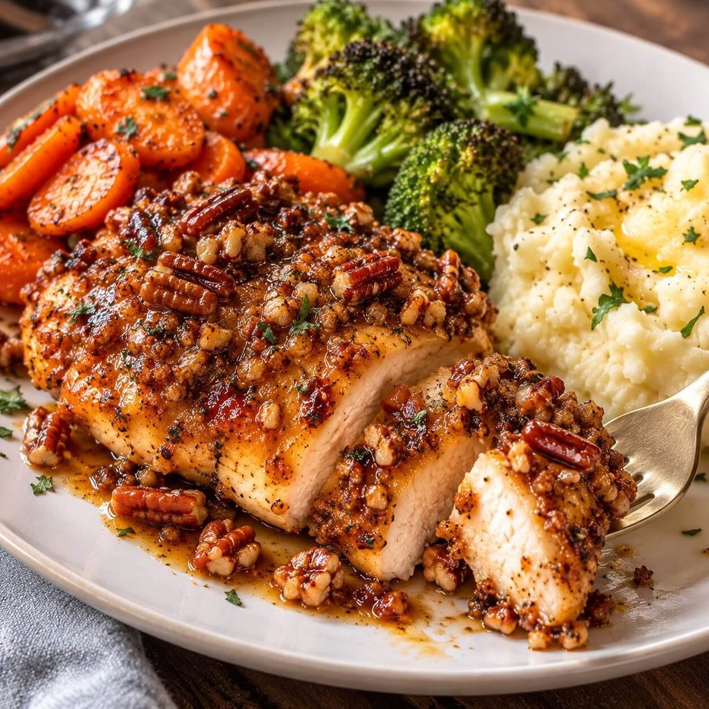 Baked Maple Pecan Crusted Chicken Breasts serving