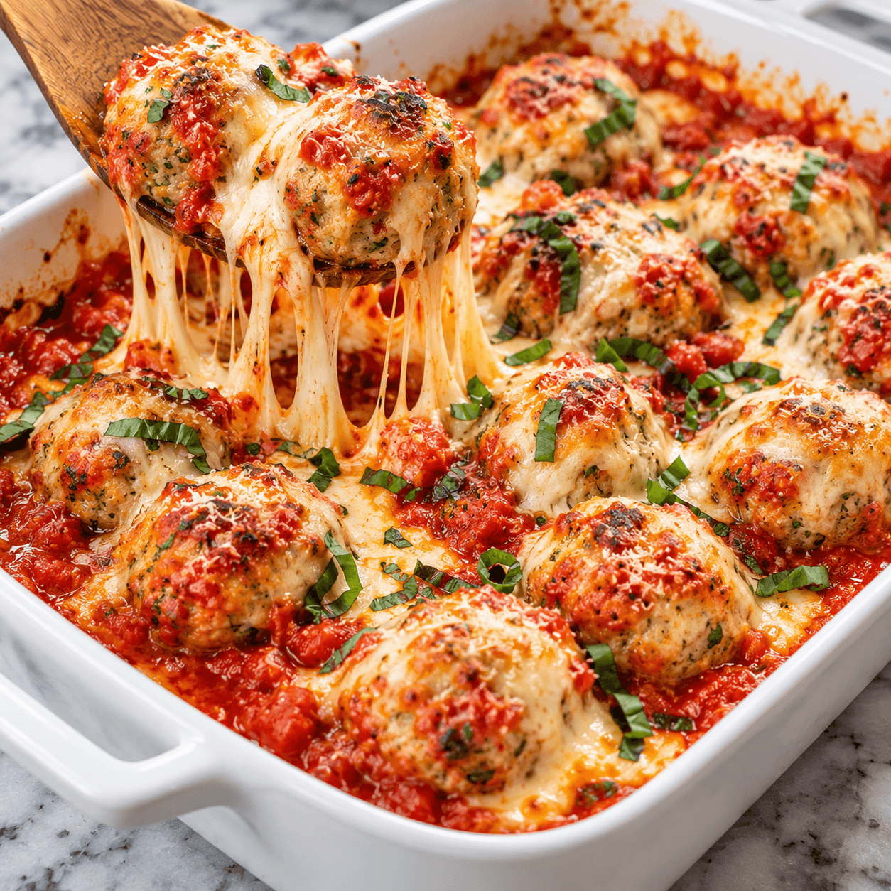 serving Baked Ground Chicken Parmesan Meatballs